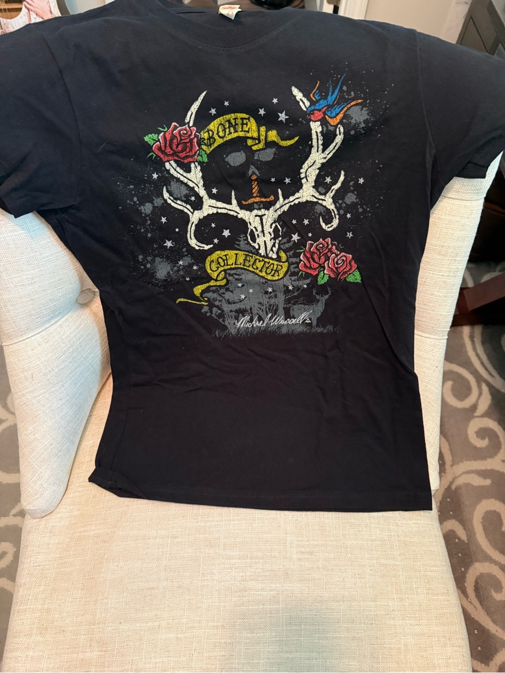 Black Graphic Tee with Antler & Rose Print- autographed by Michael Waddell